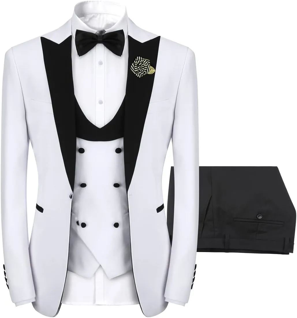 YFFUSHI Men's 3 Piece Suit Slim Fit One Button Prom Suits Set Blazer Vest Trousers
