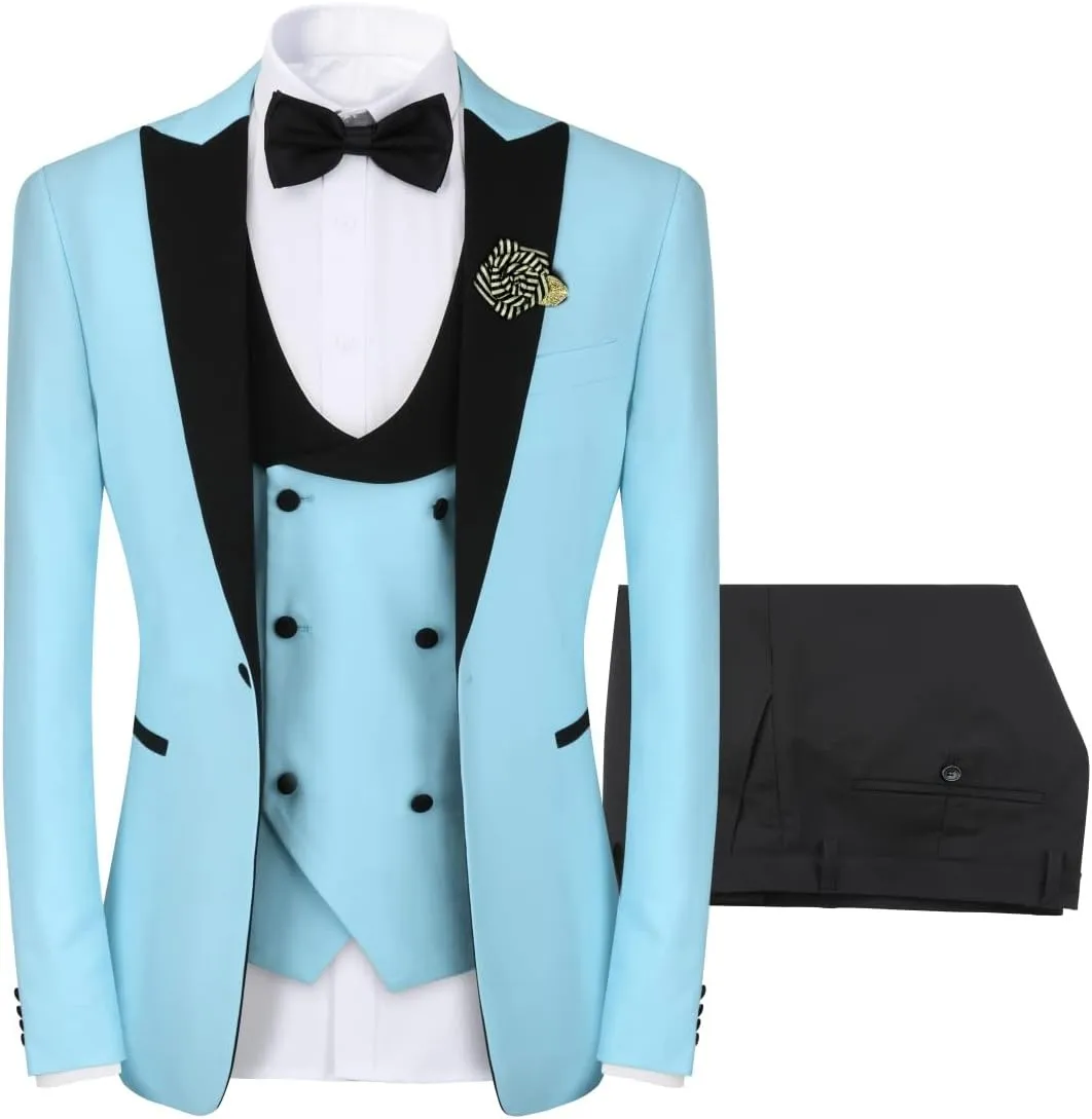 YFFUSHI Men's 3 Piece Suit Slim Fit One Button Prom Suits Set Blazer Vest Trousers