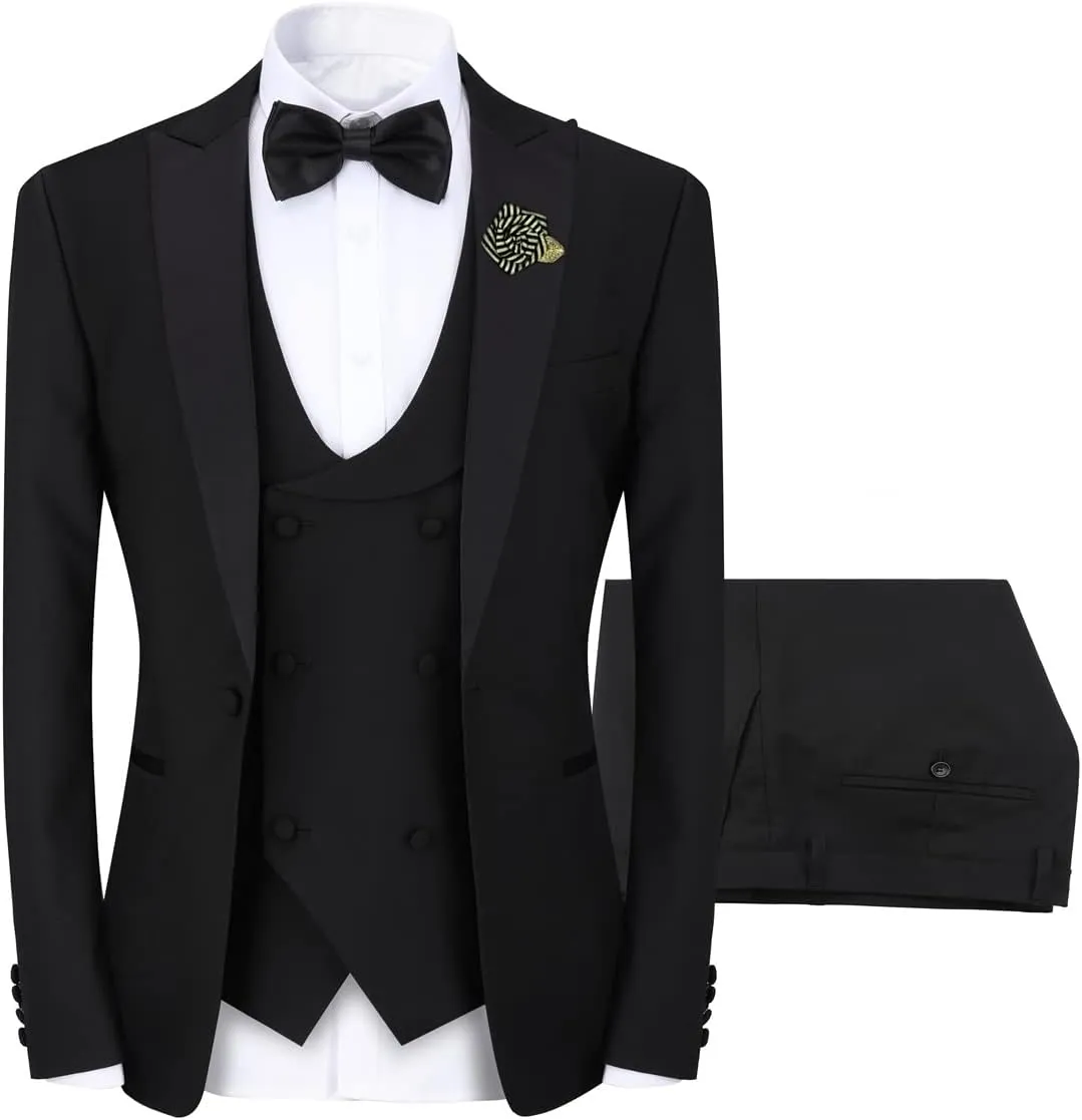 YFFUSHI Men's 3 Piece Suit Slim Fit One Button Prom Suits Set Blazer Vest Trousers