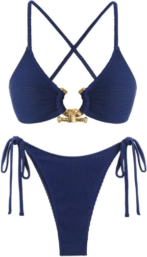 ZAFUL Women's Cutout Bikini Criss Cross Textured Metal High Leg Bikini Sets Cheeky Swimwear Two Piece Swimsuit