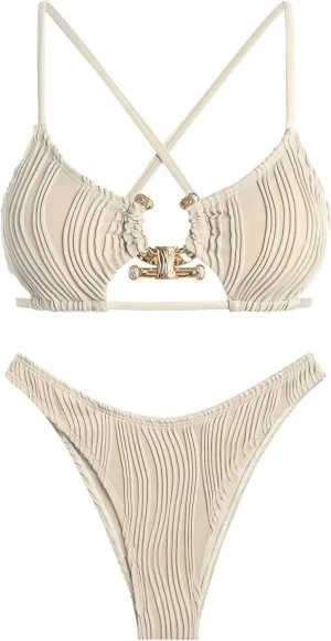 ZAFUL Women's Cutout Bikini Criss Cross Textured Metal High Leg Bikini Sets Cheeky Swimwear Two Piece Swimsuit