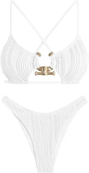 ZAFUL Women's Cutout Bikini Criss Cross Textured Metal High Leg Bikini Sets Cheeky Swimwear Two Piece Swimsuit
