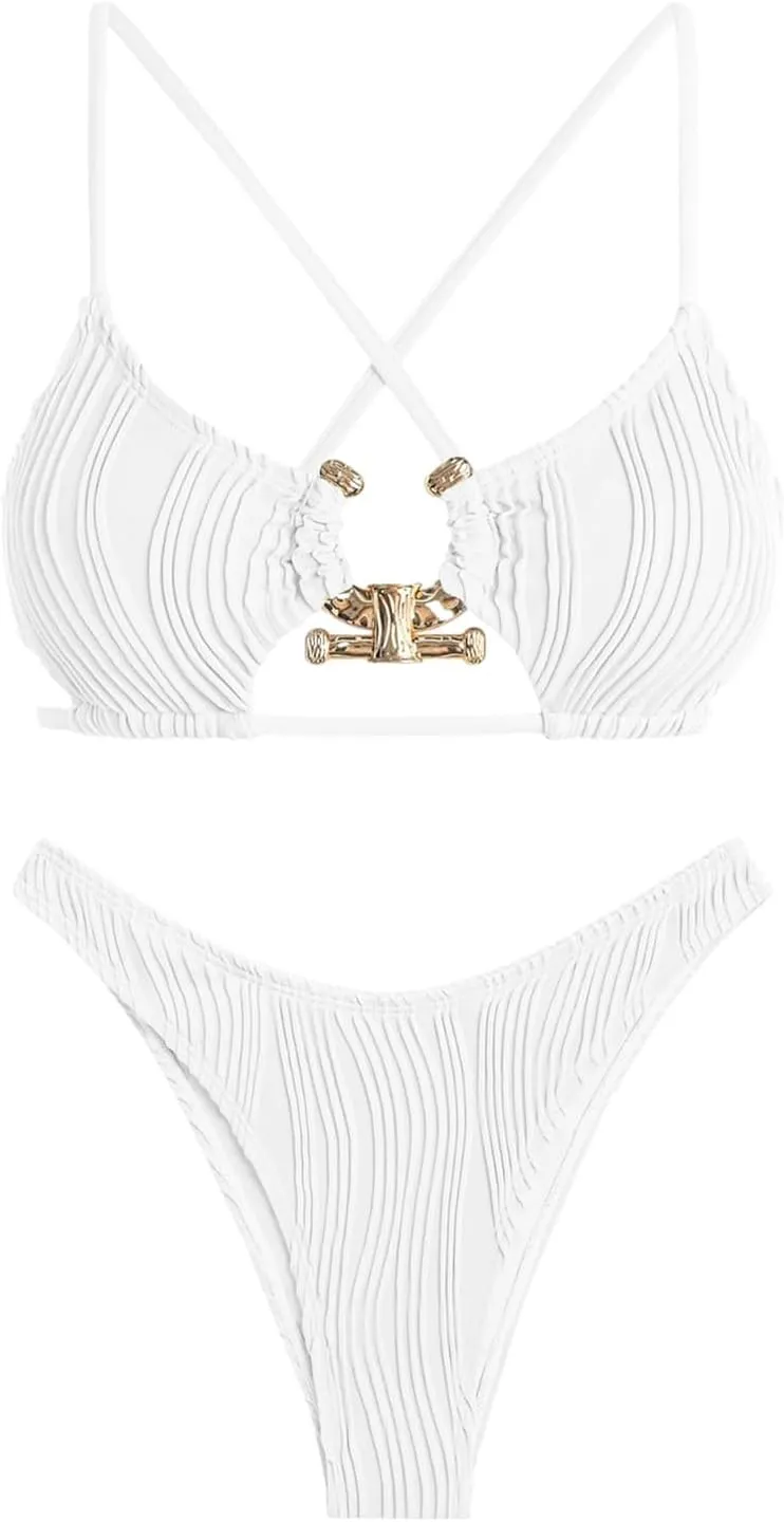 ZAFUL Women's Cutout Bikini Criss Cross Textured Metal High Leg Bikini Sets Cheeky Swimwear Two Piece Swimsuit