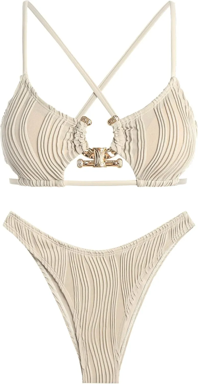 ZAFUL Women's Cutout Bikini Criss Cross Textured Metal High Leg Bikini Sets Cheeky Swimwear Two Piece Swimsuit