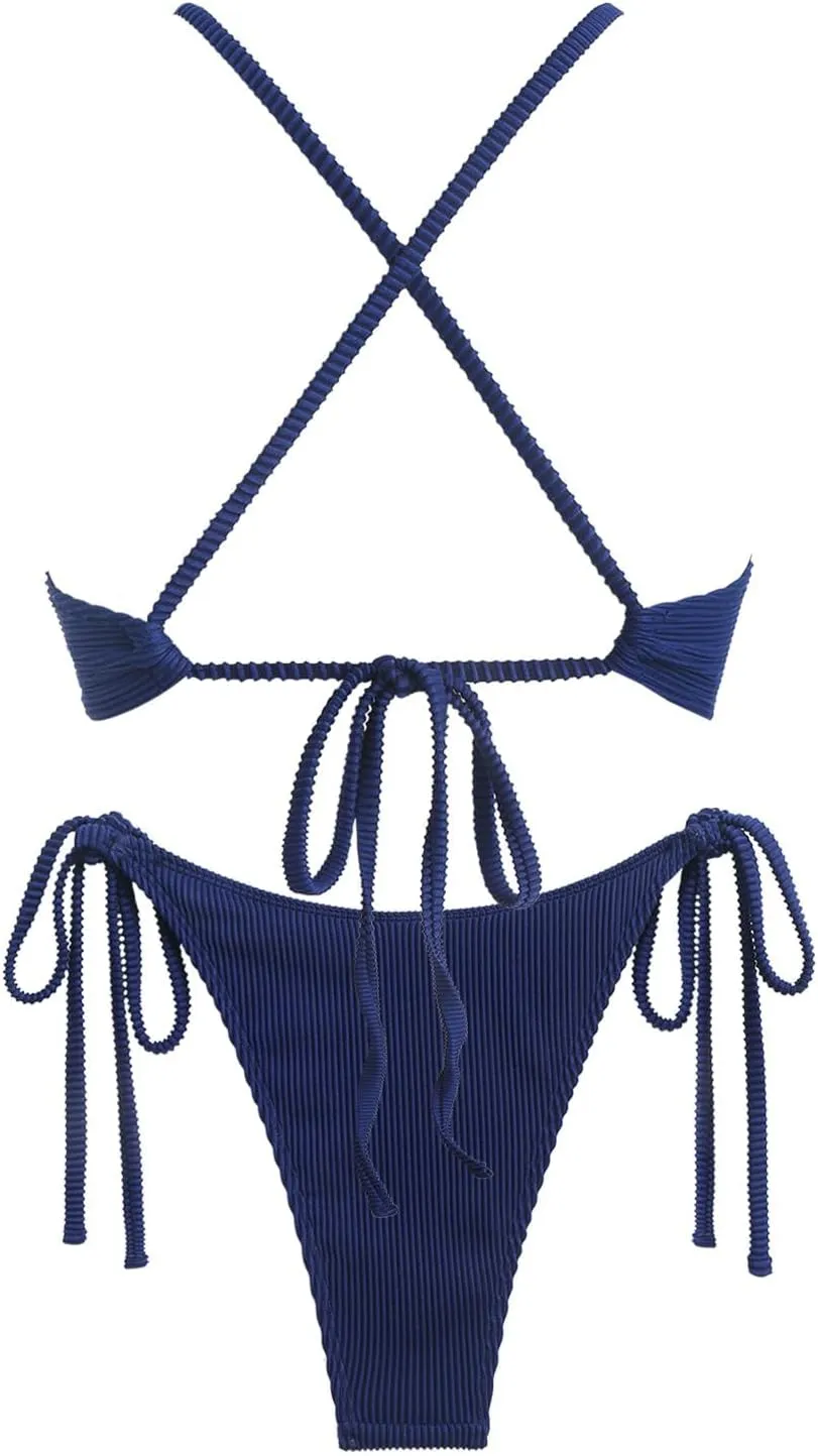 ZAFUL Women's Cutout Bikini Criss Cross Textured Metal High Leg Bikini Sets Cheeky Swimwear Two Piece Swimsuit