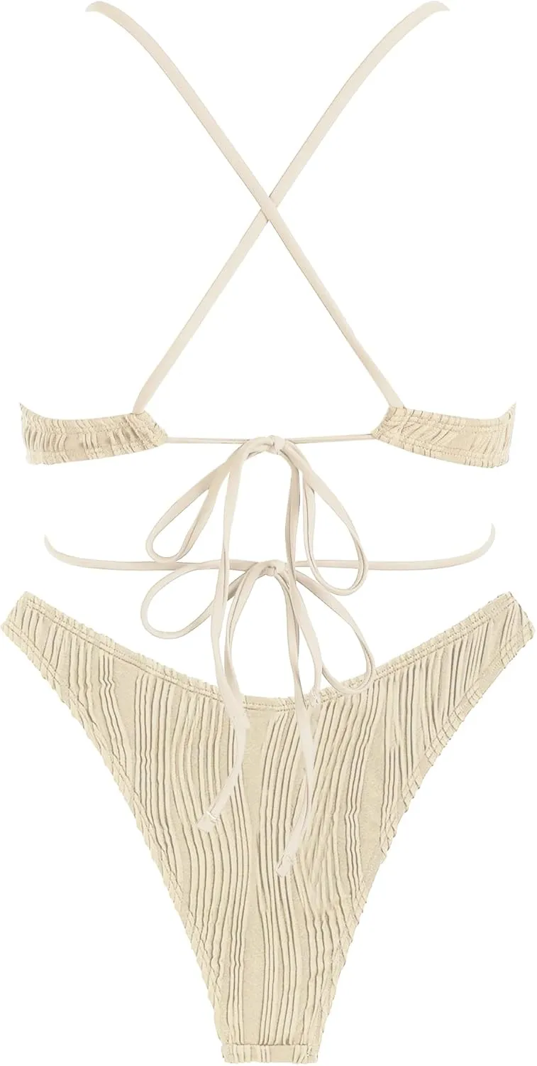 ZAFUL Women's Cutout Bikini Criss Cross Textured Metal High Leg Bikini Sets Cheeky Swimwear Two Piece Swimsuit