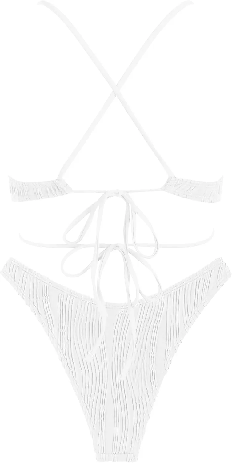 ZAFUL Women's Cutout Bikini Criss Cross Textured Metal High Leg Bikini Sets Cheeky Swimwear Two Piece Swimsuit