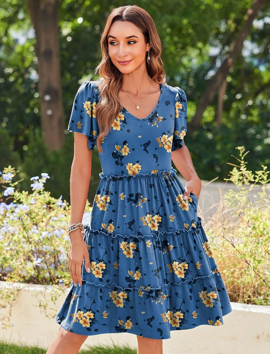 Zeagoo Summer Tiered Mini Dress with Pockets Ruffle Sleeve V-Neck Casual Dress A Line Boho Flowy Sundress 2025 Vacation