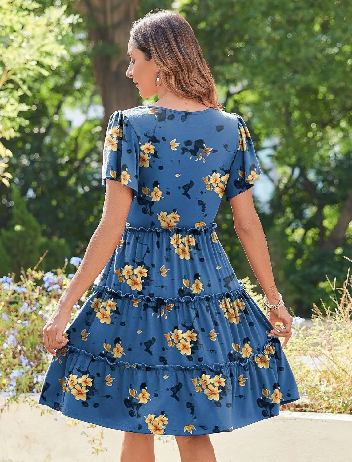 Zeagoo Summer Tiered Mini Dress with Pockets Ruffle Sleeve V-Neck Casual Dress A Line Boho Flowy Sundress 2025 Vacation