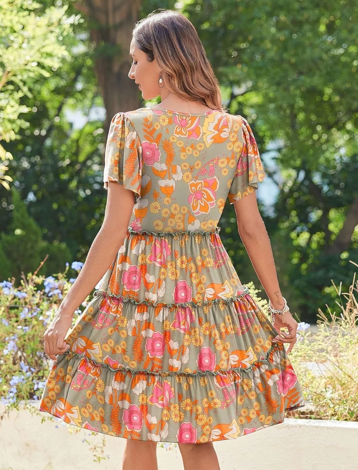 Zeagoo Summer Tiered Mini Dress with Pockets Ruffle Sleeve V-Neck Casual Dress A Line Boho Flowy Sundress 2025 Vacation