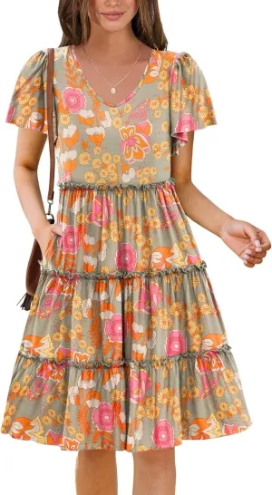 Zeagoo Summer Tiered Mini Dress with Pockets Ruffle Sleeve V-Neck Casual Dress A Line Boho Flowy Sundress 2025 Vacation