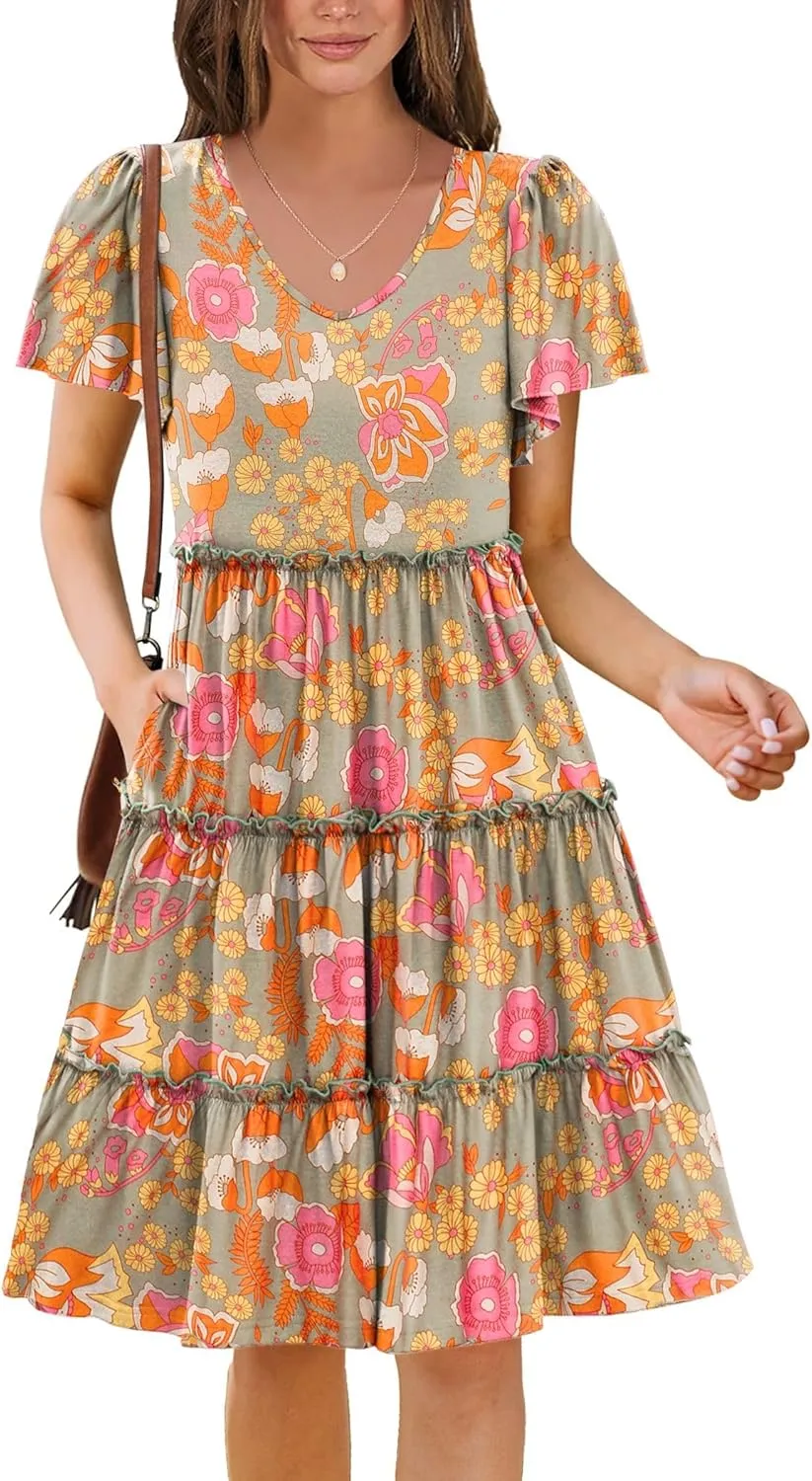 Zeagoo Summer Tiered Mini Dress with Pockets Ruffle Sleeve V-Neck Casual Dress A Line Boho Flowy Sundress 2025 Vacation