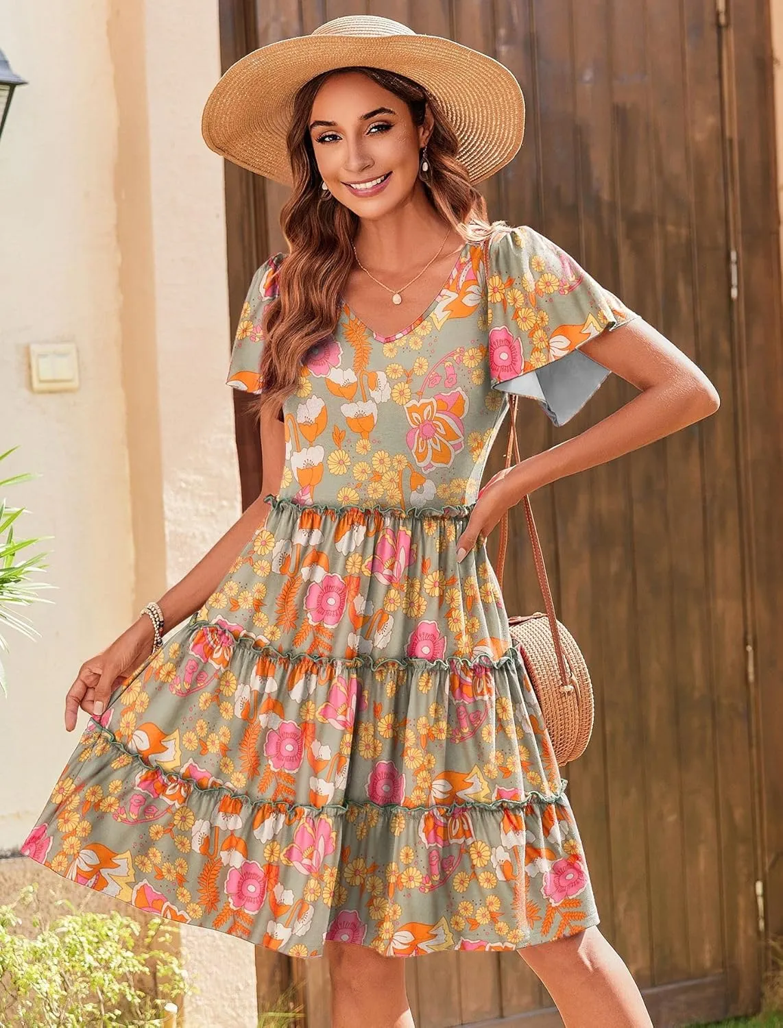 Zeagoo Summer Tiered Mini Dress with Pockets Ruffle Sleeve V-Neck Casual Dress A Line Boho Flowy Sundress 2025 Vacation