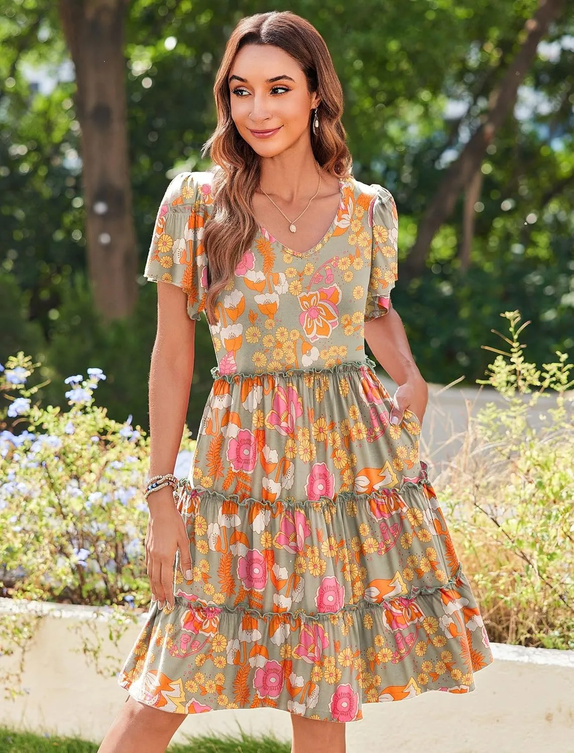 Zeagoo Summer Tiered Mini Dress with Pockets Ruffle Sleeve V-Neck Casual Dress A Line Boho Flowy Sundress 2025 Vacation
