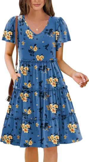 Zeagoo Summer Tiered Mini Dress with Pockets Ruffle Sleeve V-Neck Casual Dress A Line Boho Flowy Sundress 2025 Vacation