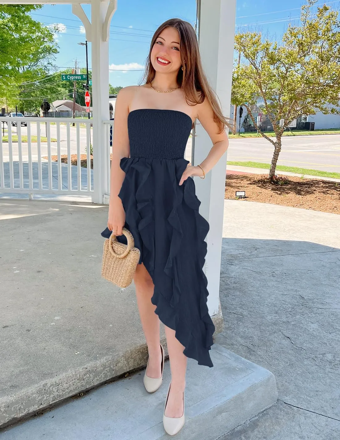 ZESICA Women's 2025 Summer Strapless Mini Dress Off Shoulder Smocked Tiered Ruffle Beach Vacation Tube Sundress