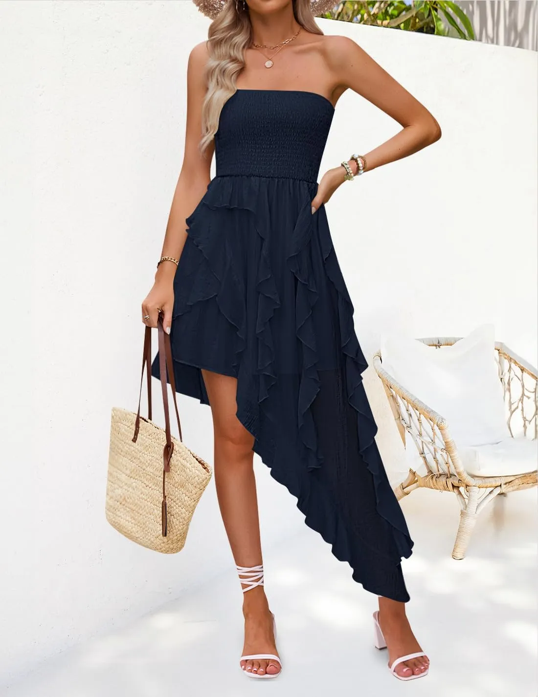 ZESICA Women's 2025 Summer Strapless Mini Dress Off Shoulder Smocked Tiered Ruffle Beach Vacation Tube Sundress