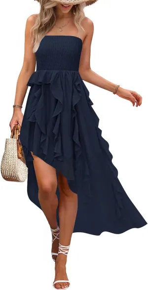 ZESICA Women's 2025 Summer Strapless Mini Dress Off Shoulder Smocked Tiered Ruffle Beach Vacation Tube Sundress