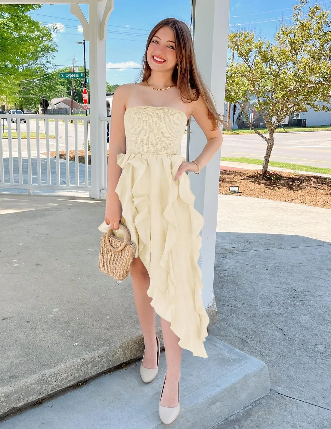ZESICA Women's 2025 Summer Strapless Mini Dress Off Shoulder Smocked Tiered Ruffle Beach Vacation Tube Sundress
