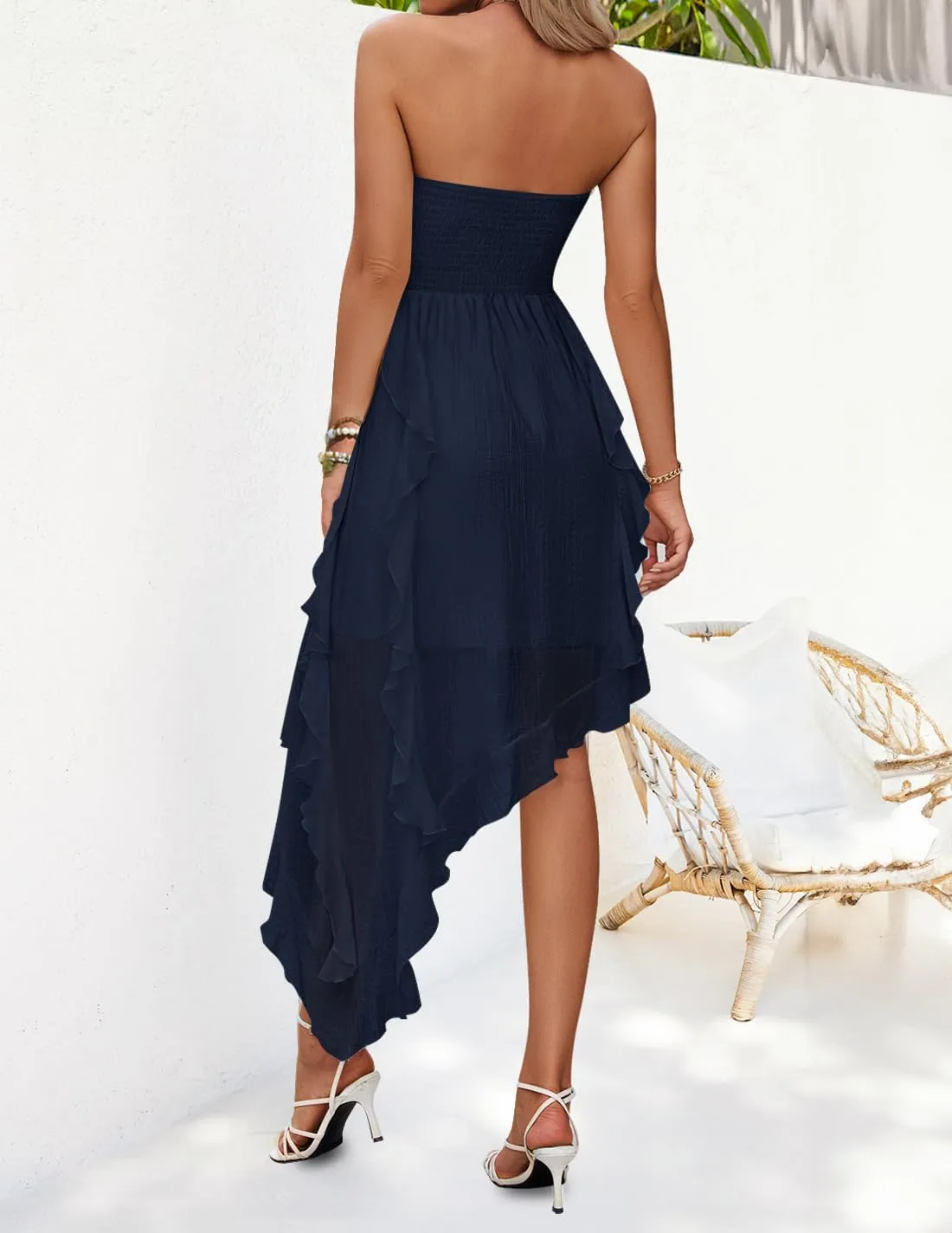 ZESICA Women's 2025 Summer Strapless Mini Dress Off Shoulder Smocked Tiered Ruffle Beach Vacation Tube Sundress