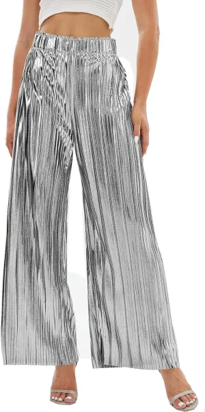 zsangbee Women's Metallic Sparkle Wide Leg Sequin Shiny Pants Party Club Casual Silver Gold Pants