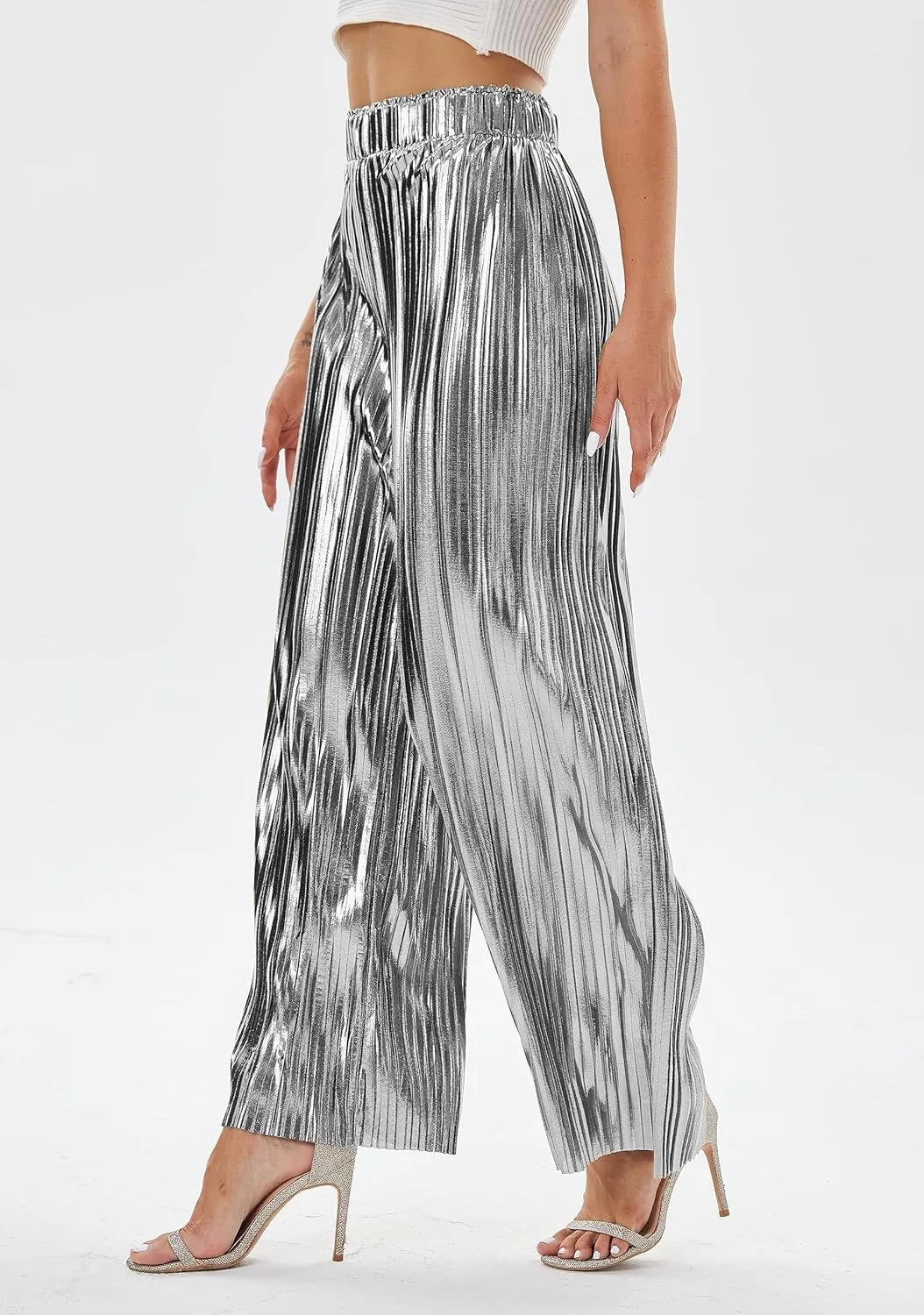 zsangbee Women's Metallic Sparkle Wide Leg Sequin Shiny Pants Party Club Casual Silver Gold Pants