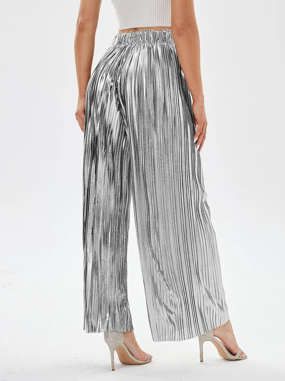 zsangbee Women's Metallic Sparkle Wide Leg Sequin Shiny Pants Party Club Casual Silver Gold Pants