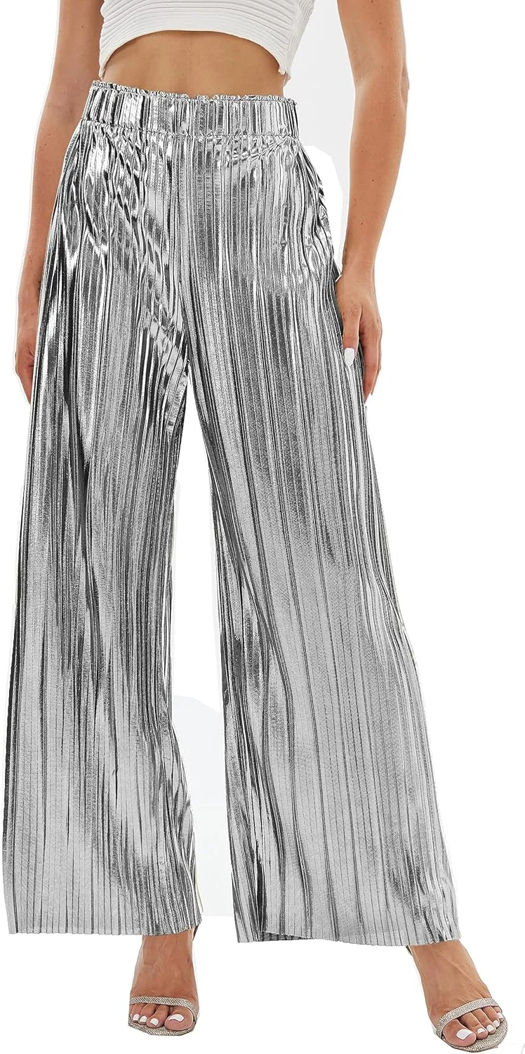 zsangbee Women's Metallic Sparkle Wide Leg Sequin Shiny Pants Party Club Casual Silver Gold Pants