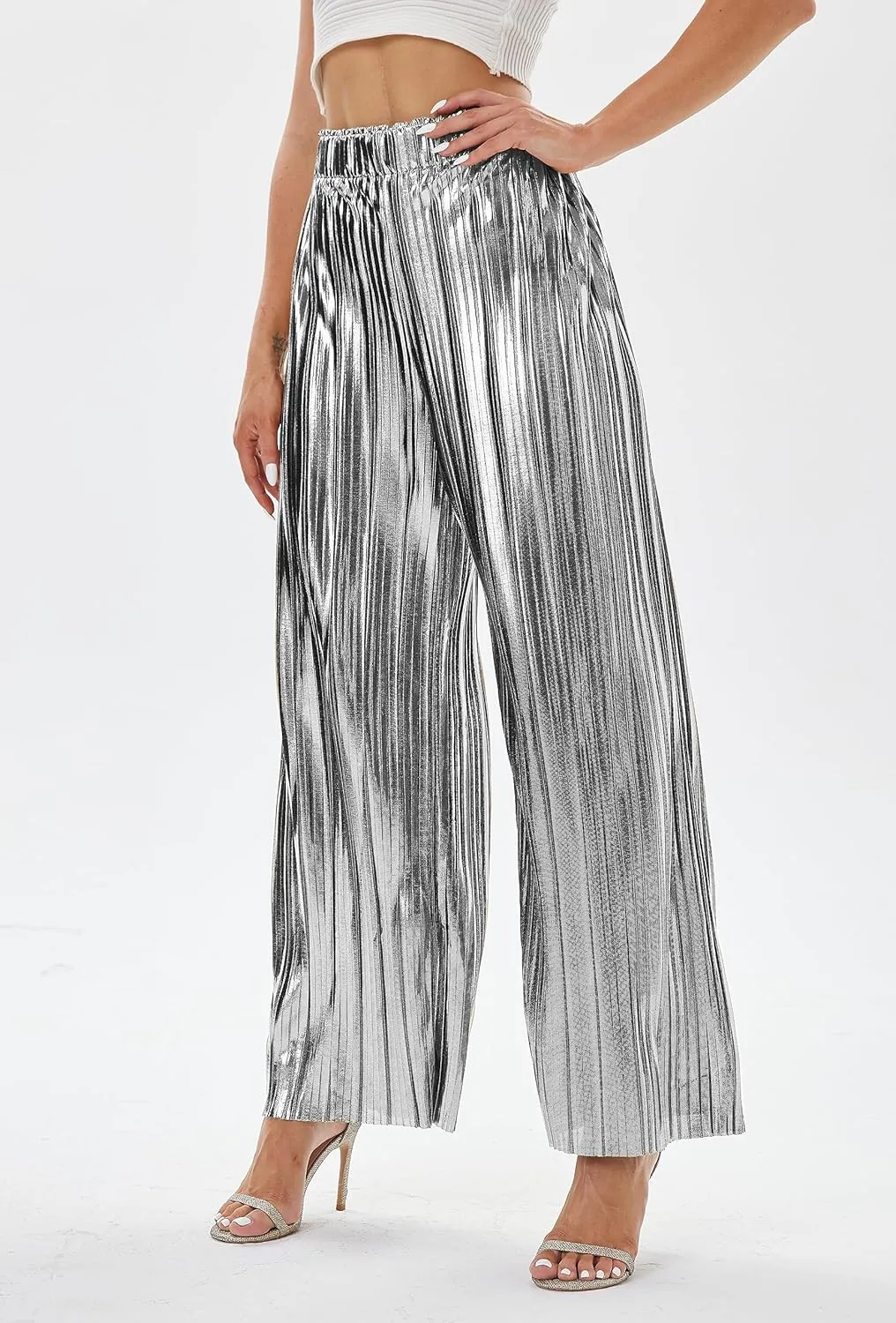 zsangbee Women's Metallic Sparkle Wide Leg Sequin Shiny Pants Party Club Casual Silver Gold Pants