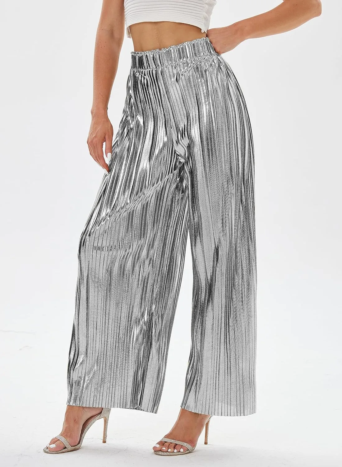 zsangbee Women's Metallic Sparkle Wide Leg Sequin Shiny Pants Party Club Casual Silver Gold Pants